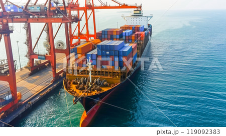 Logistics, container Cargo ship transportation with working crane bridge in deep sea port for import export. 119092383