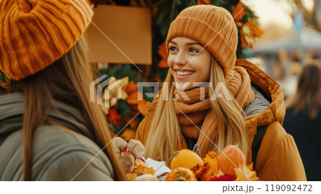 Autumn Market Gathering with Friends Amidst Colorful Leaves and Pumpkins, AI 119092472