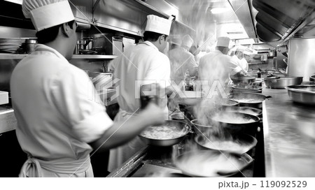 Chefs in a Busy Restaurant Kitchen, long exposure, motion blurred, AI 119092529
