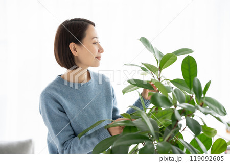 観葉植物のお手入れをする女性 119092605