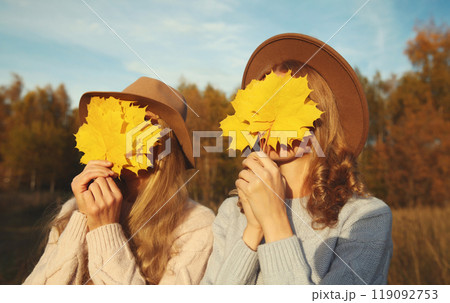 Happy two women friends with autumn yellow leaves, funny girlfriends having fun together in park Happy two women friends with autumn yellow leaves, funny girlfriends having fun together in park 119092753
