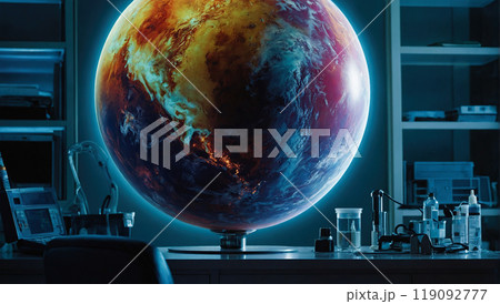 A planet in distress, its once vibrant colors now dulled, reflecting ecological turmoil 119092777