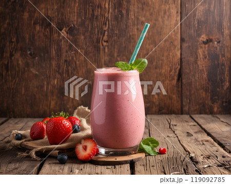 Berries smoothies in glass on wooden backgrounds 119092785