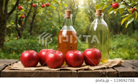 Cider apples on wooden tables on nature backgrounds Cider apples on wooden tables on nature backgrounds 119092788