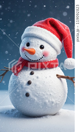 Happy snowman wearing a red Santa hat in a snowy winter landscape, surrounded by snow-covered trees at night. Happy snowman wearing a red Santa hat in a snowy winter landscape, surrounded by snow-covered trees at night. 119092823