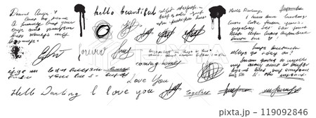 Handwriting text collection, vector love letter signature, black ink calligraphy vintage scribble. Handwriting text collection, vector love letter signature, black ink calligraphy vintage scribble. 119092846