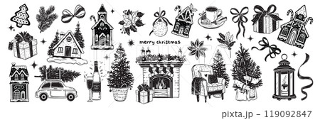 Christmas doodle set, holiday New Year celebration sketch, winter pine tree, cozy fireplace, cookies Christmas doodle set, holiday New Year celebration sketch, winter pine tree, cozy fireplace, cookies 119092847