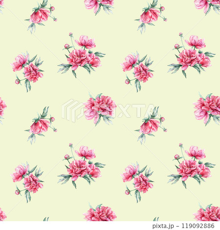 Seamless pattern with watercolor bouquet of pink peony flowers in full bloom. Hand drawn illustration beautiful floral flower. Repeat wallpaper with summer botanical plant on isolated. 119092886