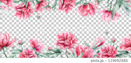 Watercolor seamless banner with pink peony flowers in full bloom. Hand drawn illustration frame beautiful floral flowers daisy. Seamless pattern with summer botanical plant. For wedding invitations Watercolor seamless banner with pink peony flowers in full bloom. Hand drawn illustration frame beautiful floral flowers daisy. Seamless pattern with summer botanical plant. For wedding invitations 119092888