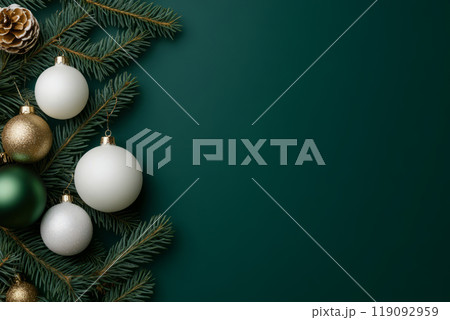 Christmas ornaments, pine branches on green background 119092959