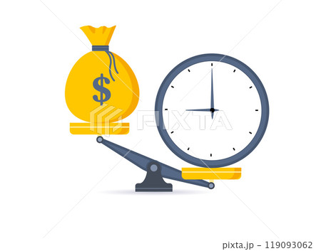 Time is money. Clock and dollar bag a balance scale. Financial concept .Time value of money asset growth over time depicts investment in long-term equity. Vector 119093062