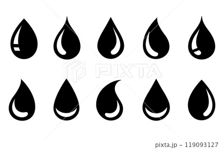 black drop set icons, falling droplet and blob 119093127