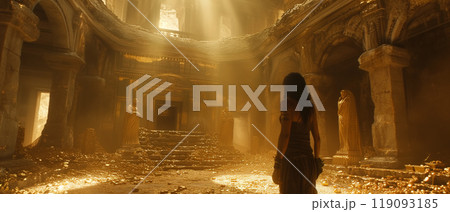 Woman explorer in ancient temple full of treasures 119093185