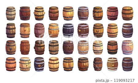 Wooden barrels set. Cartoon wood old barrel oak wine cask keg liquid beverage drink vintage medieval water container vector illustration 119093217