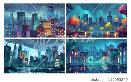Urban rainy weather. Rain in night city evening street cartoon background, wet climate falling raindrops on buildings autumn or summer precipitation sidewalk vector illustration 119093249