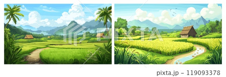 Rice field landscape. Rices farming plantation cartoon panoramic scenery, farmland harvest meadow with rural houses tropical china india or indonesia village vector illustration 119093378