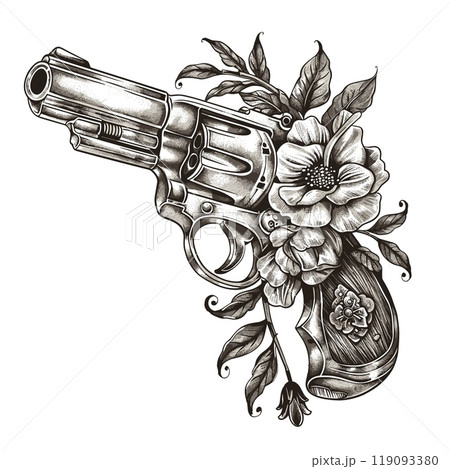 Revolver flowers tattoo. Vintage pistol, isolated revolvers sketch retro gun drawing army firearm weapon western cowboy handgun antique shooter vector illustration 119093380