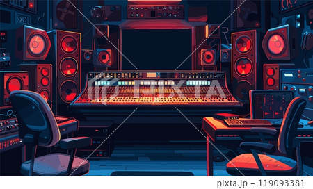 Recording studio interior. Music control professional record room sound mixing digital equipment broadcast musician rehearsal microphone panel audio technology vector illustration 119093381
