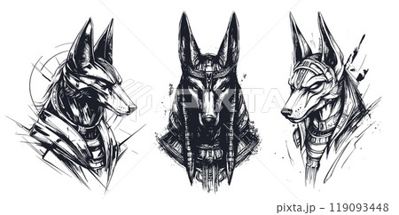 Anubis tattoo sketches. Egyptian god of death dog head ink sketch, myth jackal face portrait egypt mythology religion gods vintage drawing pharaoh mascot vector illustration 119093448