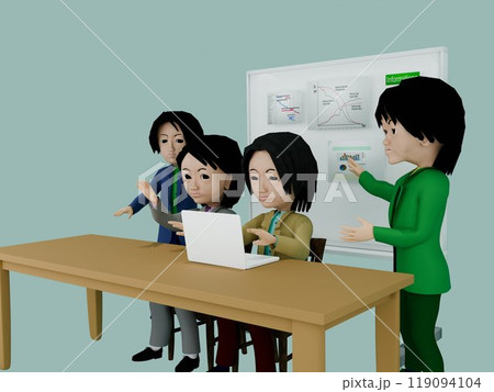 会議風景・パソコンを見ながら打ち合わせをする会社員たち 会議風景・パソコンを見ながら打ち合わせをする会社員たち 119094104