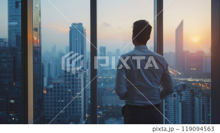 A businessman in a white shirt is looking out a window at the city skyline and the city landscape, Thinking an idea for work 119094563