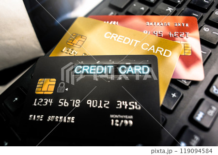 Close up of futuristic credit card and financial security technology of banking Close up of futuristic credit card and financial security technology of banking 119094584