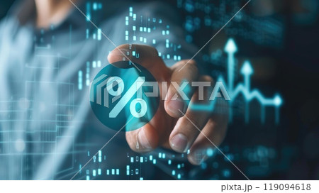 Boost Your Business, Professional Holding Arrow Icon and Percentage Symbol in Front of Rising Financial Trends Graph 119094618