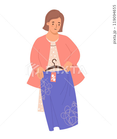 Seasonal shopping. Brunette woman trying on fashionable skirt at sale. Vector illustration. Festive female shopper character. 119094655