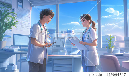 病院で打ち合わせをする医師 119094747