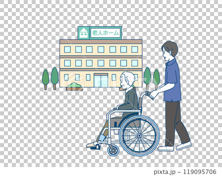 一名男性照顧者推著輪椅的插圖 一名男性照顧者推著輪椅的插圖 119095706