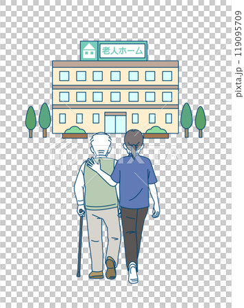 Illustration of a caregiver helping an elderly person walk Illustration of a caregiver helping an elderly person walk 119095709