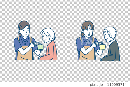 Illustration of a caregiver helping elderly people eat Illustration of a caregiver helping elderly people eat 119095714
