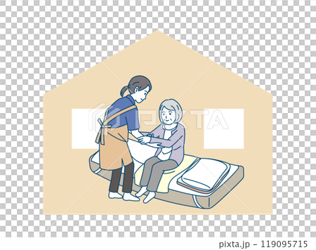 Illustration of a caregiver helping an elderly person stand up and move Illustration of a caregiver helping an elderly person stand up and move 119095715