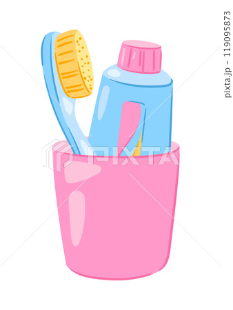 Toothpaste and brush in glass. Personal hygiene and self care item. 119095873