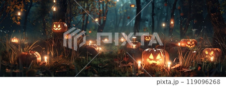 Halloween Pumpkin Head with Carved Scary Smiling Face at Night Outside. Jack-O-Lantern, Burning Candles Outdoor. Halloween Dark Composition Backyard Decor. Pumpkins Black Background. All Saints Day 119096268