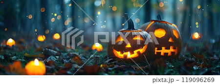 Halloween Pumpkin Head with Carved Scary Smiling Face at Night Outside. Jack-O-Lantern, Burning Candles Outdoor. Halloween Dark Composition Backyard Decor. Pumpkins Black Background. All Saints Day 119096269