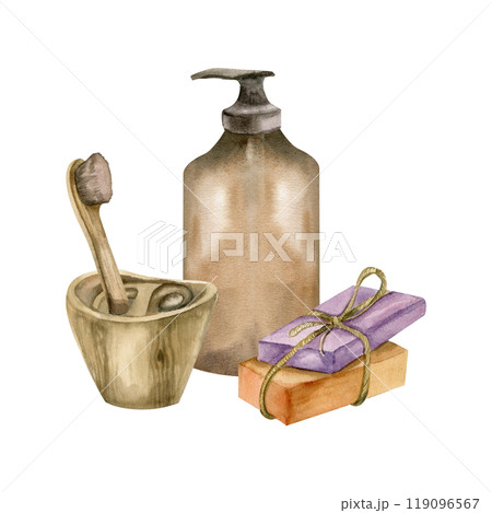 Glass brown bottle of liquid soap , hand made pieces of soap and tooth brush in wooden eco cup watercolor illustration.Environmentally friendly female beauty elements for spa, wellness eco care design 119096567