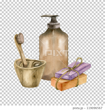 Glass brown bottle of liquid soap , hand made pieces of soap and tooth brush in wooden eco cup watercolor illustration.Environmentally friendly female beauty elements for spa, wellness eco care design Glass brown bottle of liquid soap , hand made pieces of soap and tooth brush in wooden eco cup watercolor illustration.Environmentally friendly female beauty elements for spa, wellness eco care design 119096567