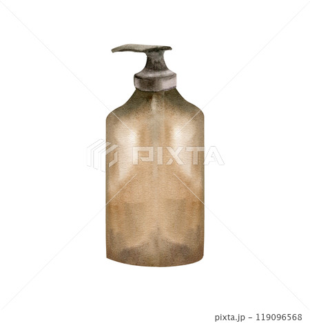 Transparent glass brown bottle for liquid soap or cosmetics watercolor illustration. Hand drawn women beauty, skincare element for spa, wellness, web blog design. Eco cosmetics packing Transparent glass brown bottle for liquid soap or cosmetics watercolor illustration. Hand drawn women beauty, skincare element for spa, wellness, web blog design. Eco cosmetics packing 119096568