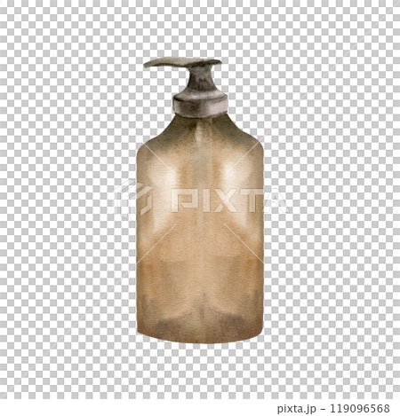 Transparent glass brown bottle for liquid soap or cosmetics watercolor illustration. Hand drawn women beauty, skincare element for spa, wellness, web blog design. Eco cosmetics packing Transparent glass brown bottle for liquid soap or cosmetics watercolor illustration. Hand drawn women beauty, skincare element for spa, wellness, web blog design. Eco cosmetics packing 119096568