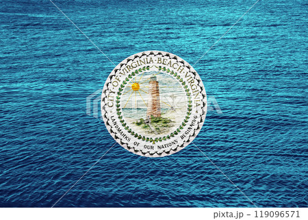 Flag of the city of Virginia Beach, Virginia, USA, on a background of the water surface. Conceptual collage Flag of the city of Virginia Beach, Virginia, USA, on a background of the water surface. Conceptual collage 119096571