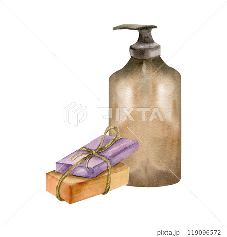 Glass transparent liquid soap bottle with hand made eco pieces of soap watercolor clipart. Hand drawn arrangement for beauty, spa, wellness center label, logo design. Packing Glass transparent liquid soap bottle with hand made eco pieces of soap watercolor clipart. Hand drawn arrangement for beauty, spa, wellness center label, logo design. Packing 119096572