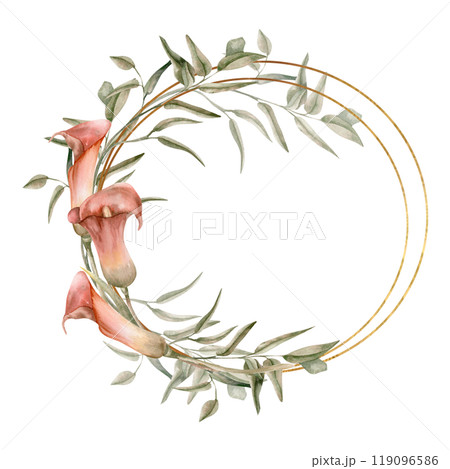 Wedding wreath template with calla lily flowers and greenery on golden round frames. Hand drawn floral banner with vintage tropical flowers for card, invitation design. Celebration decor Wedding wreath template with calla lily flowers and greenery on golden round frames. Hand drawn floral banner with vintage tropical flowers for card, invitation design. Celebration decor 119096586