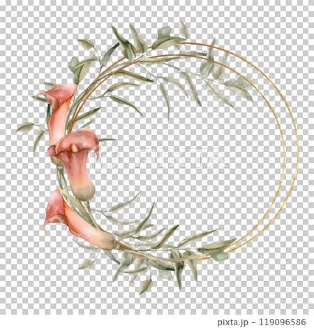 Wedding wreath template with calla lily flowers and greenery on golden round frames. Hand drawn floral banner with vintage tropical flowers for card, invitation design. Celebration decor Wedding wreath template with calla lily flowers and greenery on golden round frames. Hand drawn floral banner with vintage tropical flowers for card, invitation design. Celebration decor 119096586