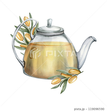 Watercolor glass tea pot with hot orange liquid of sea buckthorn drink illustration. Autumn berry drink in transparent kettle with berry branches decor clip art for menu, cafe, poster design 119096590