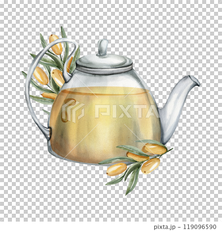 Watercolor glass tea pot with hot orange liquid of sea buckthorn drink illustration. Autumn berry drink in transparent kettle with berry branches decor clip art for menu, cafe, poster design 119096590