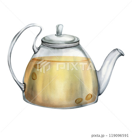 Glass teapot with orange liquid autumn berry tea watercolor illustration.Sea buckthorn hot drink in kettle clipart for restaurant seasonal drink menu,poster,cafe design. Drugstore medicine tea packing Glass teapot with orange liquid autumn berry tea watercolor illustration.Sea buckthorn hot drink in kettle clipart for restaurant seasonal drink menu,poster,cafe design. Drugstore medicine tea packing 119096591