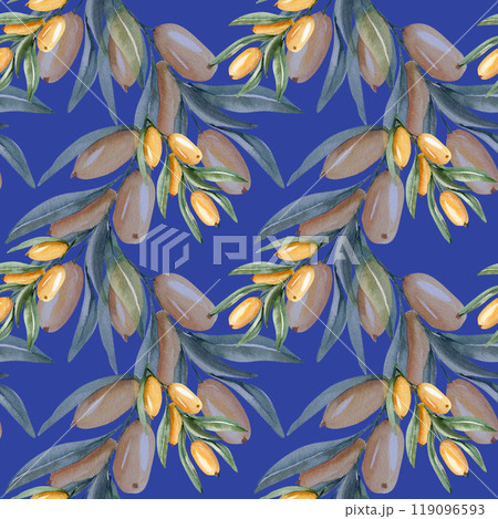 Autumn orange berries branches with green leaves seamless pattern on blue. Hand drawn watercolor background with forest wild sea buckthorn for liquids, tea packing, drugstore medicine, kitchen textile Autumn orange berries branches with green leaves seamless pattern on blue. Hand drawn watercolor background with forest wild sea buckthorn for liquids, tea packing, drugstore medicine, kitchen textile 119096593