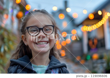 Cheerful Girl Smiling in Festive Autumn Setting with Colorful Leaves and Decor 119096606