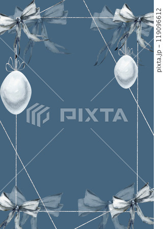 Vintage new year and Christmas greeting card template isolated on dark background. Monochrome blue retro ribbons and silver balls frame for party invitation, eve decor, poster , packing design 119096612